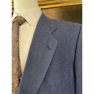 Bradys 46R Made in Israel 100% Linen‎ Blue Micro Check Windowpane 2Btn Blazer